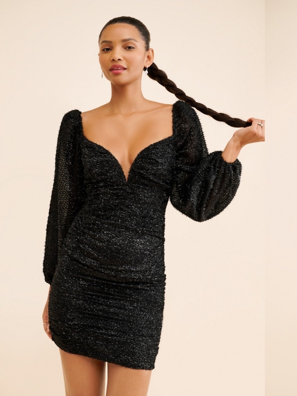 ASTR the Label Black Metallic Sparkle Sweetheart Ruched Bodycon Mini Dress XS
